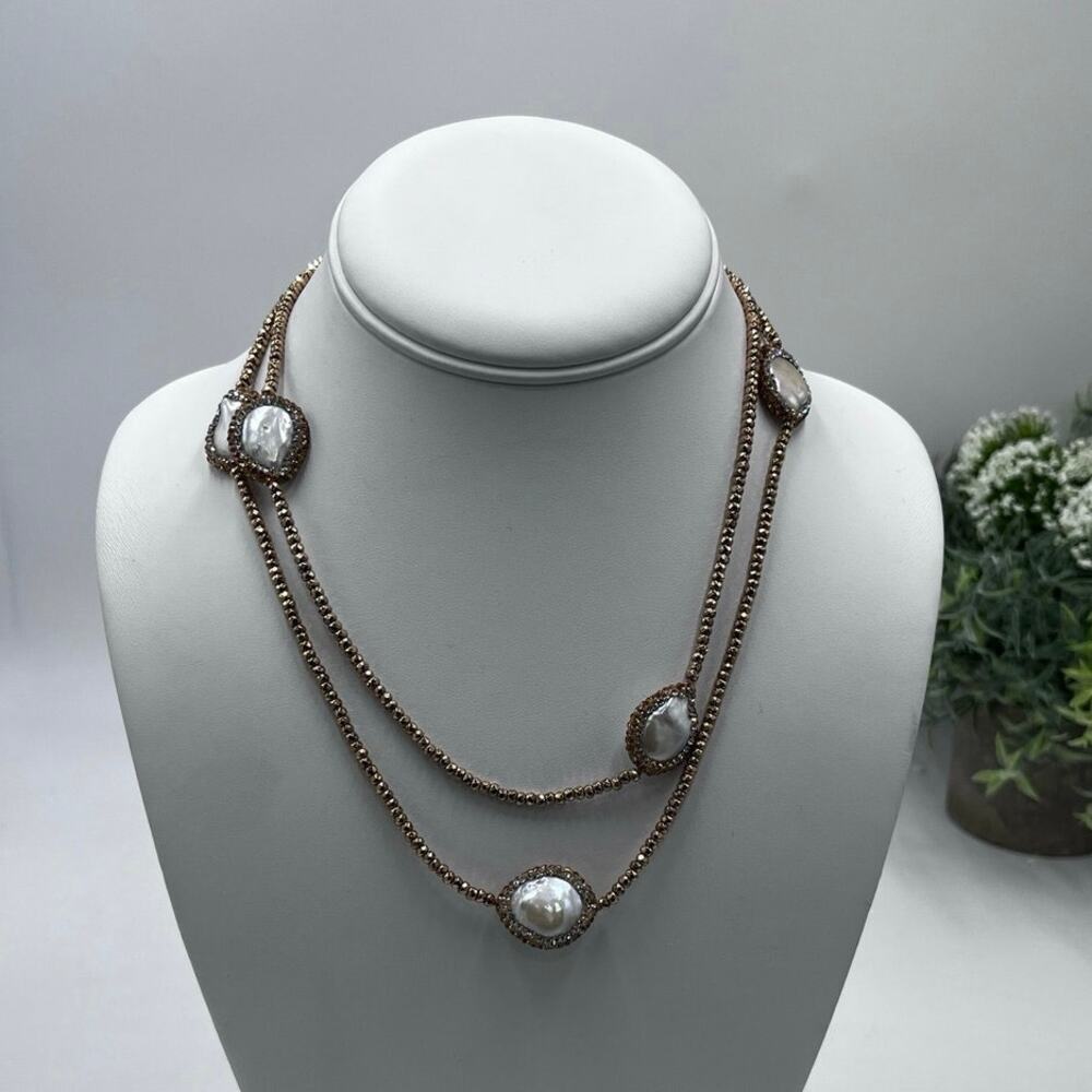 Baroque Cultured‎ Pearl Rose Gold Plated Over Sterling Silver Long Necklace